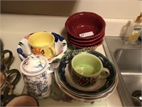 LOT OF CEREAL BOWLS, MUGS, CANISTER AND