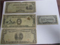 4 Vtg. Japanese Paper Money-2 lg. 5 Pesos,