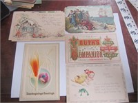 4 Holiday Postcards & 1 Adv. Card-1909-1938