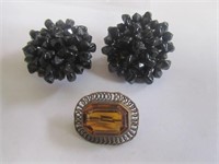 Vtg. Germany Beaded Clipon Earrings & Amber Stone