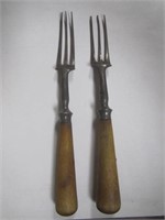 2 Antique Wooden Handle 3 Prong Forks