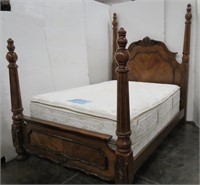 Carved Wood Queen Poster Bed with Rails