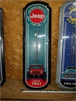 Tin jeep wall hanging thermometer.