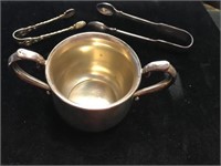 STERLING CUP AND 2 PAIR OF SUGAR TONGS. 4.6 OZ