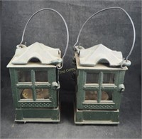 Vintage 2 Cast Iron Carriage Hanging Lanterns 9"