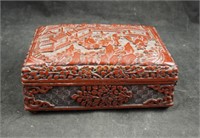 Deep Red Carved Oriental Stone Trinket 6" X 4" Box