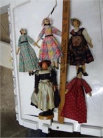 5 Penny Dolls Wood Peg Hand Painted Faces European