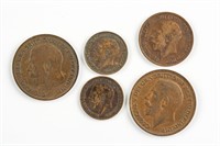 5 Assorted UK Bronze Coins KM-808, 809, 810
