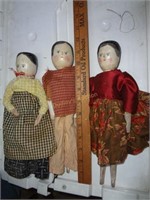 3 Folk Art Penny Dolls Jointed Primitive Clothing
