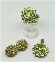 Sterling Silver Peridot Set of Earrings, Ring and