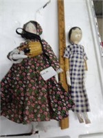 2 Wood Pegged Folk Art Doll W/ Hand Painted Faces: