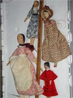 4 Wood Peg Penny Dolls W/ Hand Painted Faces Sizes