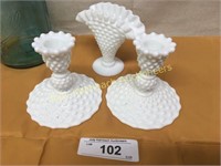 Hobnail milkglass candlesticks & fan vase