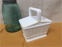 Milk glass basket with lid