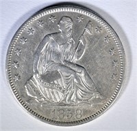 1858-O SEATED LIBERTY HALF DOLLAR, AU+  NICE