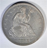 1858 SEATED LIBERTY HALF DOLLAR, AU -ORIGINAL NICE