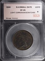 1840 LARGE CENT N-4 SMALL DATE, SEGS XF/AU