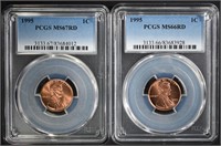 (2) 1995 LINCOLN CENTS, PCGS MS-67 RD & MS-66 RD