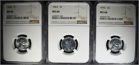 3-1943 LINCOLN STEEL CENTS, NGC MS66