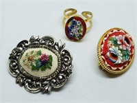 Vintage Red Micro Mosaic Flower Pin