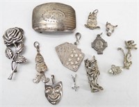 (7) Sterling Silver Charms, Pin & Belt Buckle....