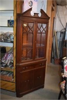 "Huntley" Vtg Corner Cabinet w/ Wooden Shelves -