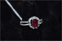 Sterling Silver Ring w/ Ruby & White Stones