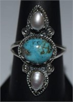 Sterling Silver Ring w/ Turquoise and Pearls