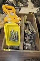 TOTE WITH HOLE SAW AND CRESENT WRENCHES