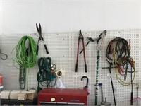 RIGHT SIDE OF GARAGE, PEG BOARD, EXTENSION CORD,