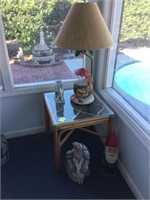RATTAN END TABLE, PINACOLADA LAMP, GNOME AND
