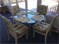 GLASS TOP TABLE WITH 4 PALM CHAIRS
