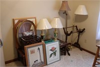 Modern lamps, coffee table, framed pictures & misc