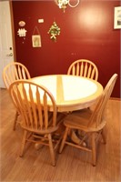 Round oak tile top kitchen table & 4 oak chairs