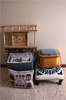 Sewing basket, foot stool, wall clock, etc.