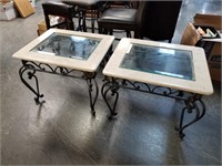 PAIR OF IRON BASED GLASS TOP END TABLES