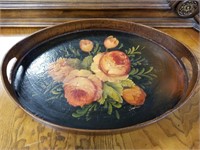 HAND PAINTED WOOD HANDLED SERVING TRAY