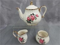 Rose Pattern Teapot, Sugar & Creamer