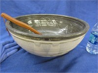 nice larger handmade pottery bowl & wood spoon