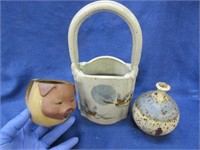 2 signed pottery pcs (basket & vase) & pig mug