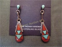 Native American Earrings Coral, Turquoise &