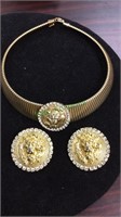 Lion head & rhinestones necklace & earring set,