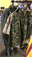 Two camouflage shirts, Army green jacket,