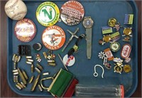 Tray lot of buttons, bullets, baseball, snoopy