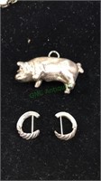 Silver Pig pendant and pierced earrings all