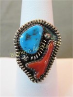 Native American Ring Size 8.25 Turquoise & Coral
