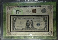 2 Rare coins & $1 Silver Certificates