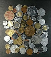 Bag of Foreign coins and varoius tokens