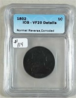 1802  Draped Bust Large Cent  ICG  VF-20 details