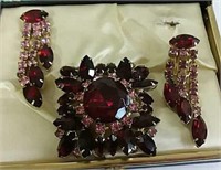 Brooch and Earrings Set, Red and Pink Stones
